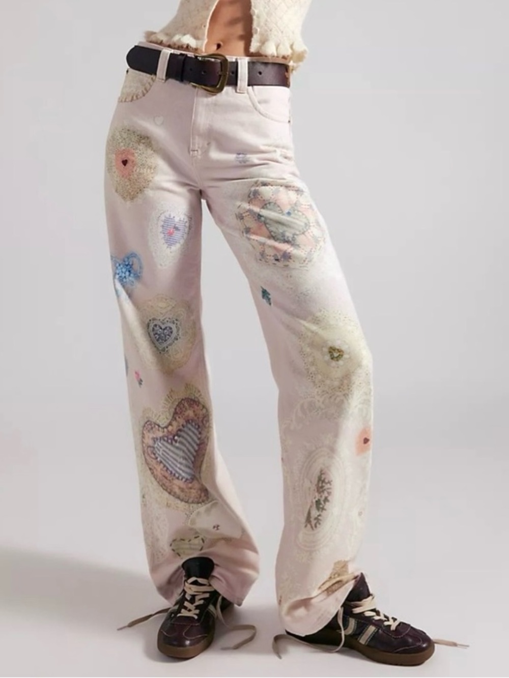 FREE PEOPLE Crochet Lace Patchwork Printed Straight Leg Jeans NEW Size 29